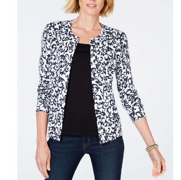 Karen Scott Sweaters - KAREN SCOTT Cotton Print Cardigan Karen Scott Sweaters - KAREN SCOTT Cotton Print Cardigan
